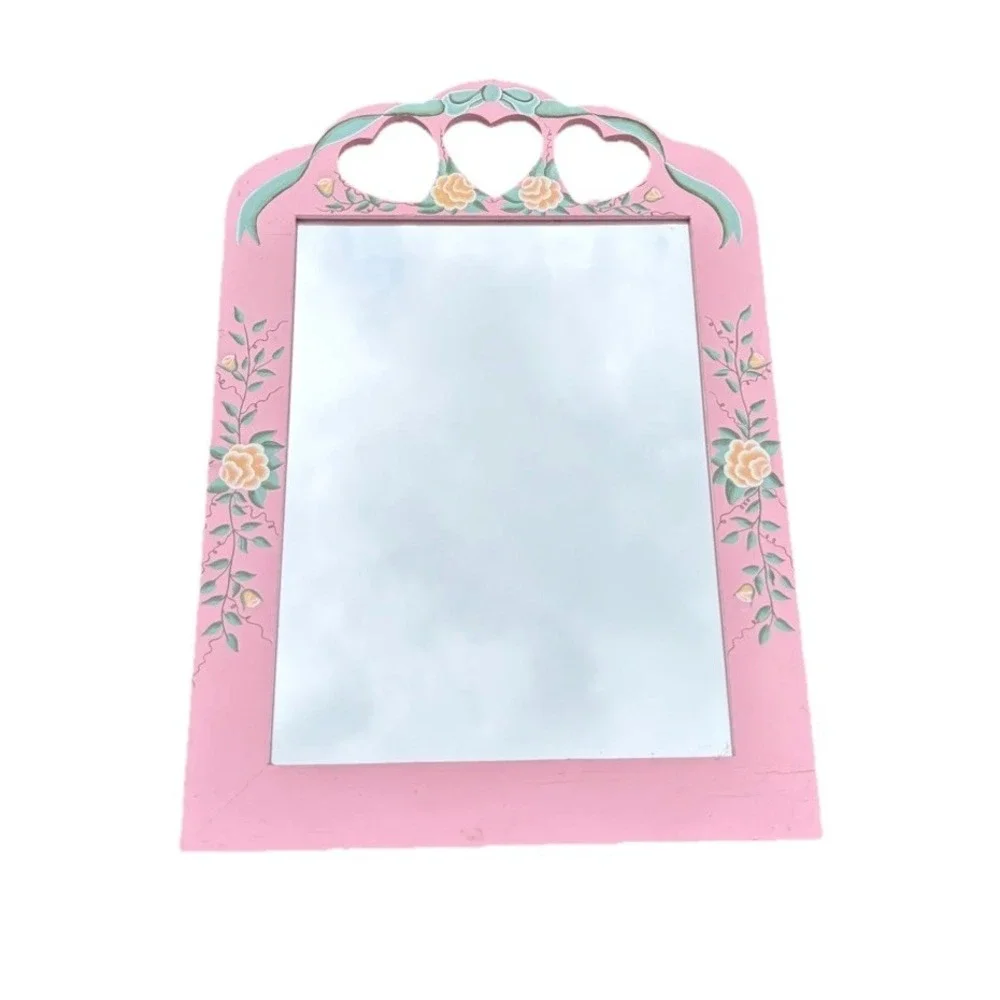 Vintage Pink Heart Hand Painted Floral Wall Mirror Cottage Granny Core 20x14.5